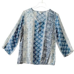 Lightweight Elastic Waist Boho Coastal Blue Mixed Pattern Top Size Medium